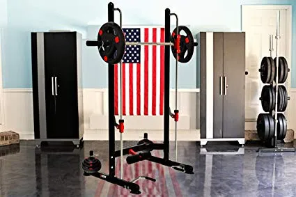 Home gym with squat rack and American flag