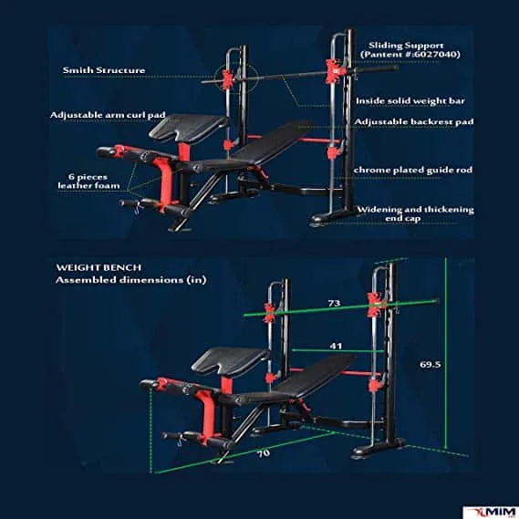 Adjustable weight bench with labeled dimensions and parts