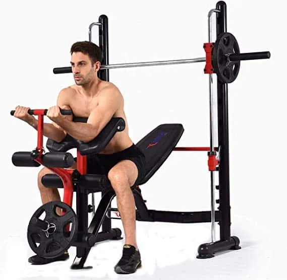 Man exercising on multifunctional home gym machine
