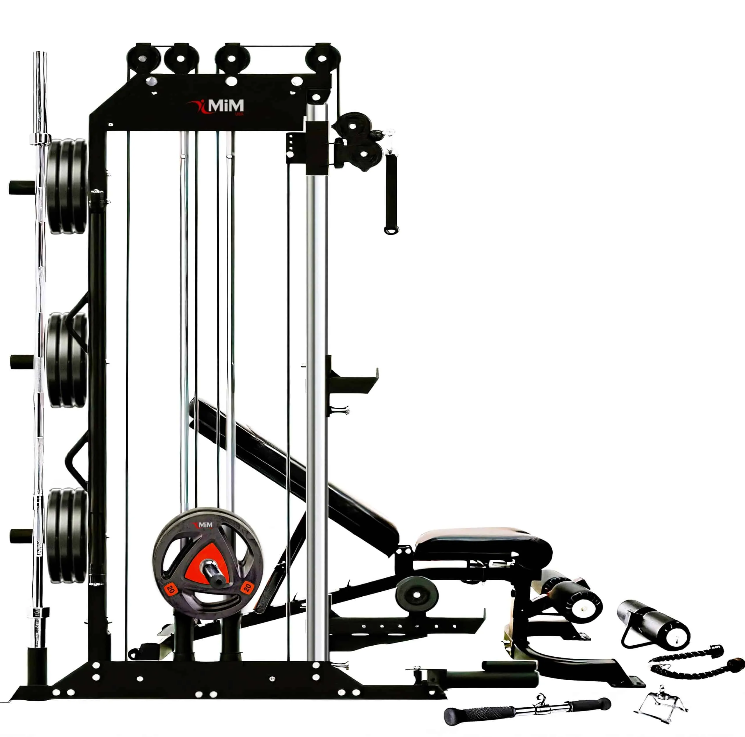 Home gym machine with weights and attachments