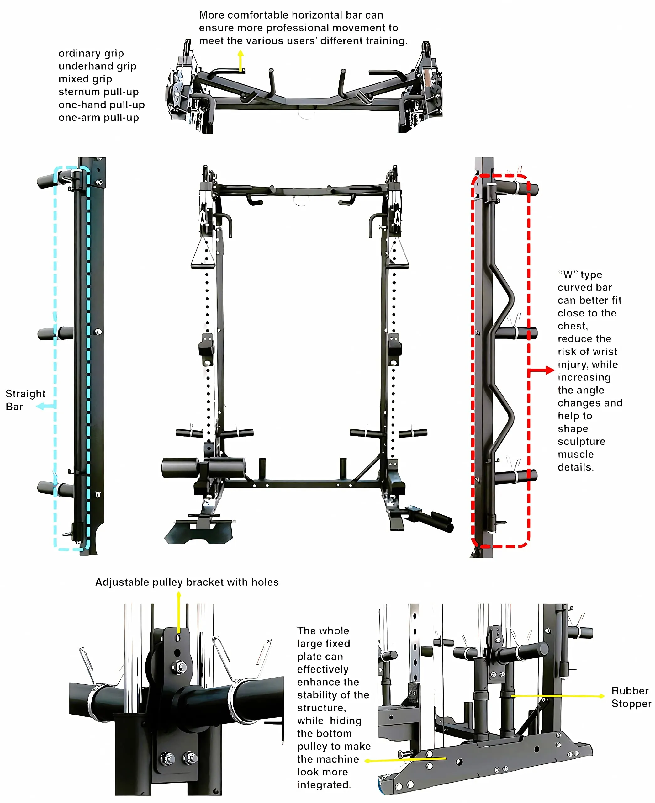Adjustable multifunctional gym power rack with pulley system