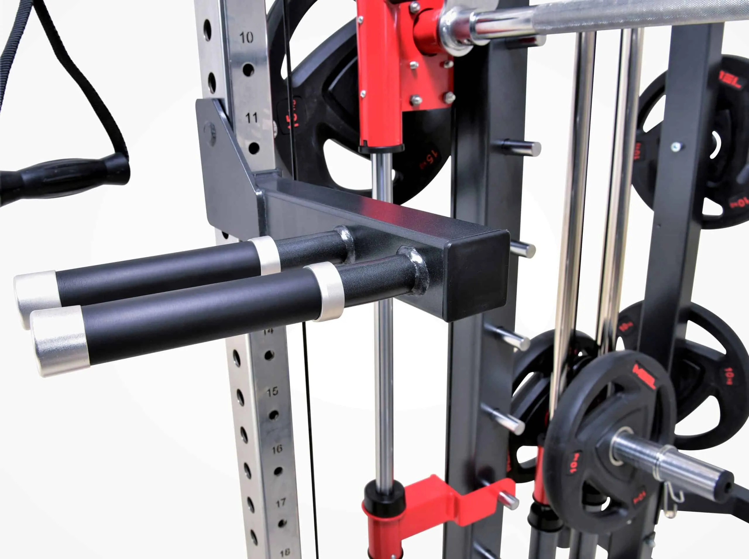 Smith machine with weight plates and dip handles
