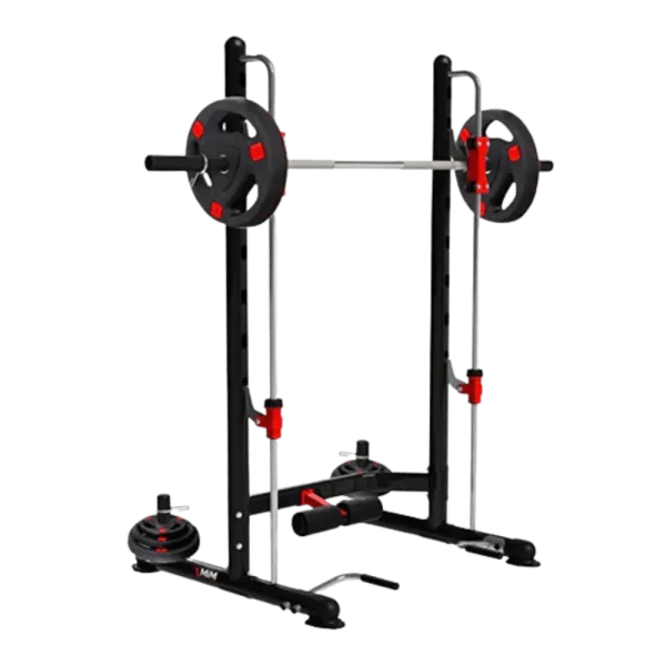 Adjustable squat rack with barbell and weights