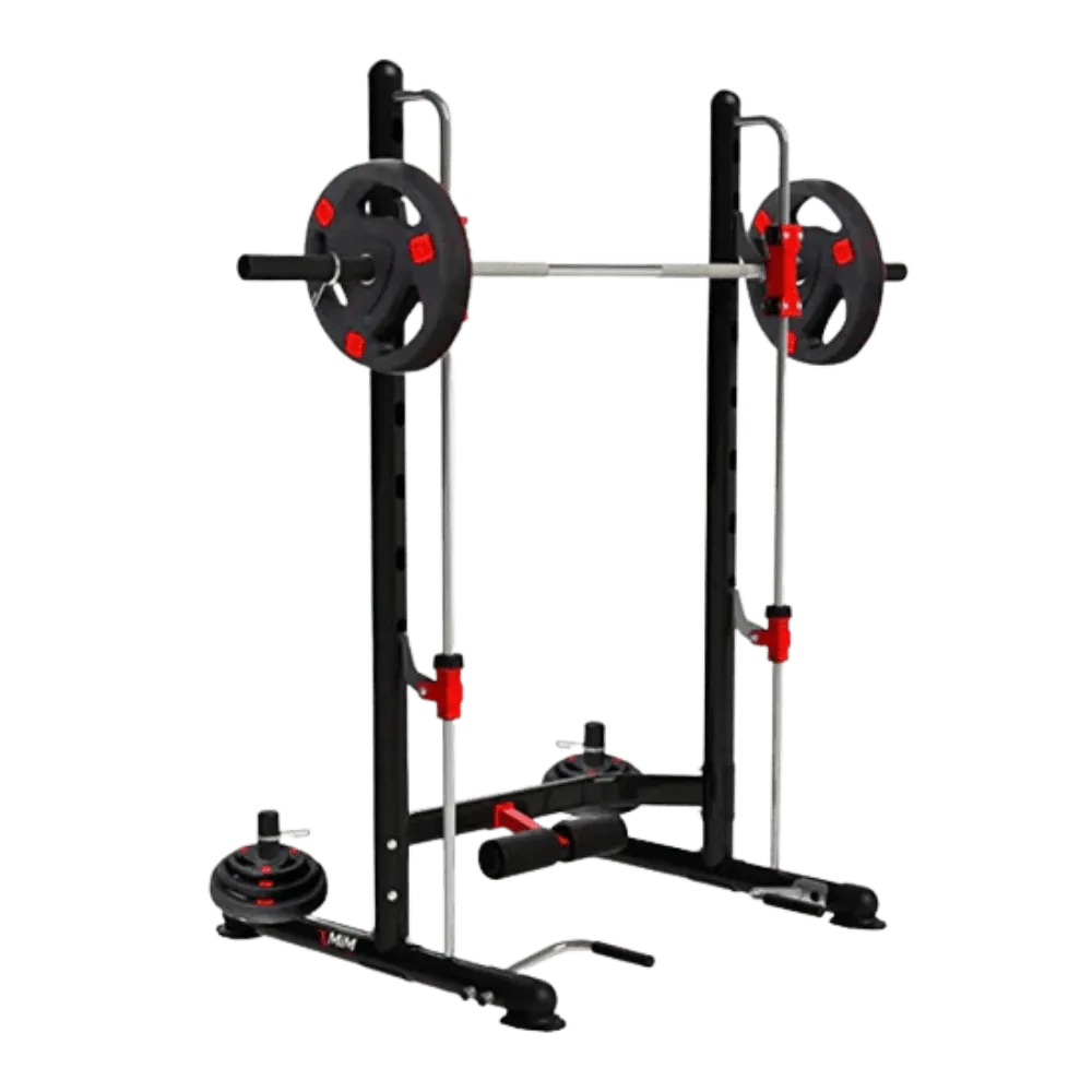 Adjustable squat rack with barbell and weights
