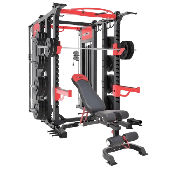 Multi-functional gym machine with weight bench