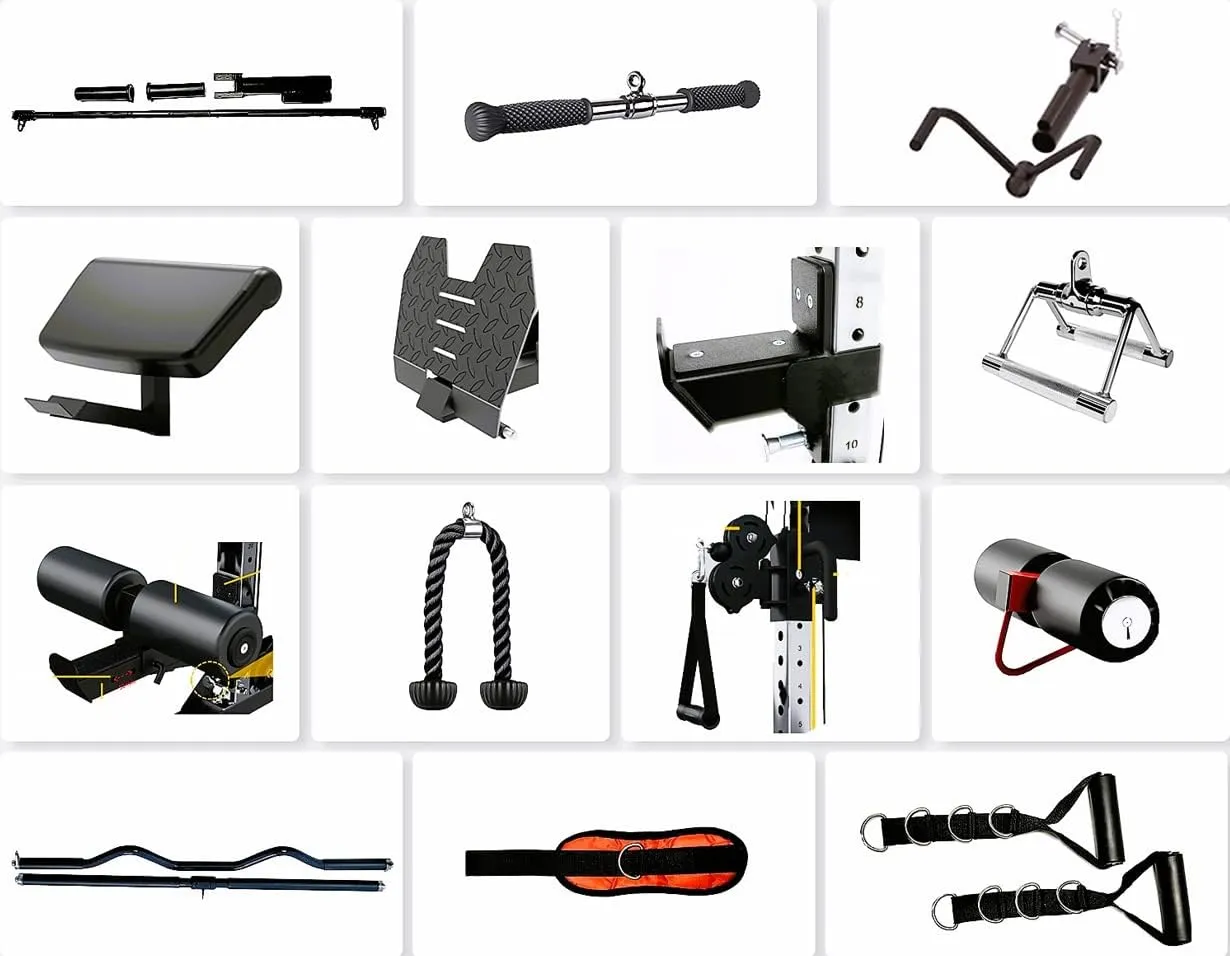 Various gym cable machine attachments and accessories