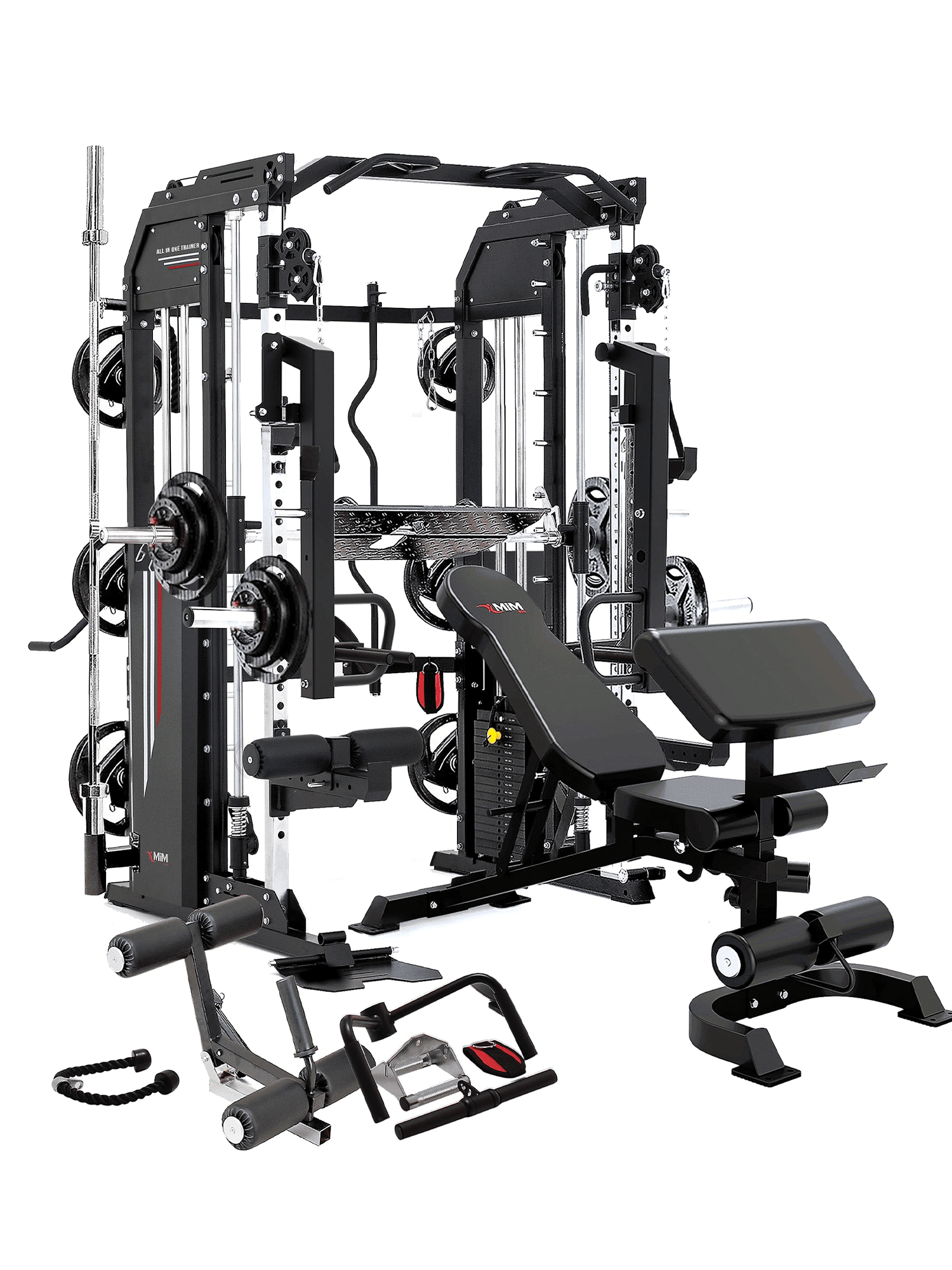 Multi-functional home gym equipment with weights and bench