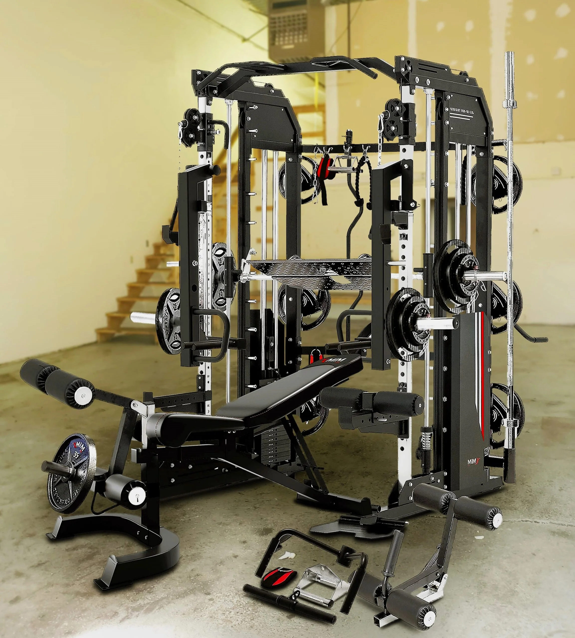 Home gym with multifunctional weight machine and bench