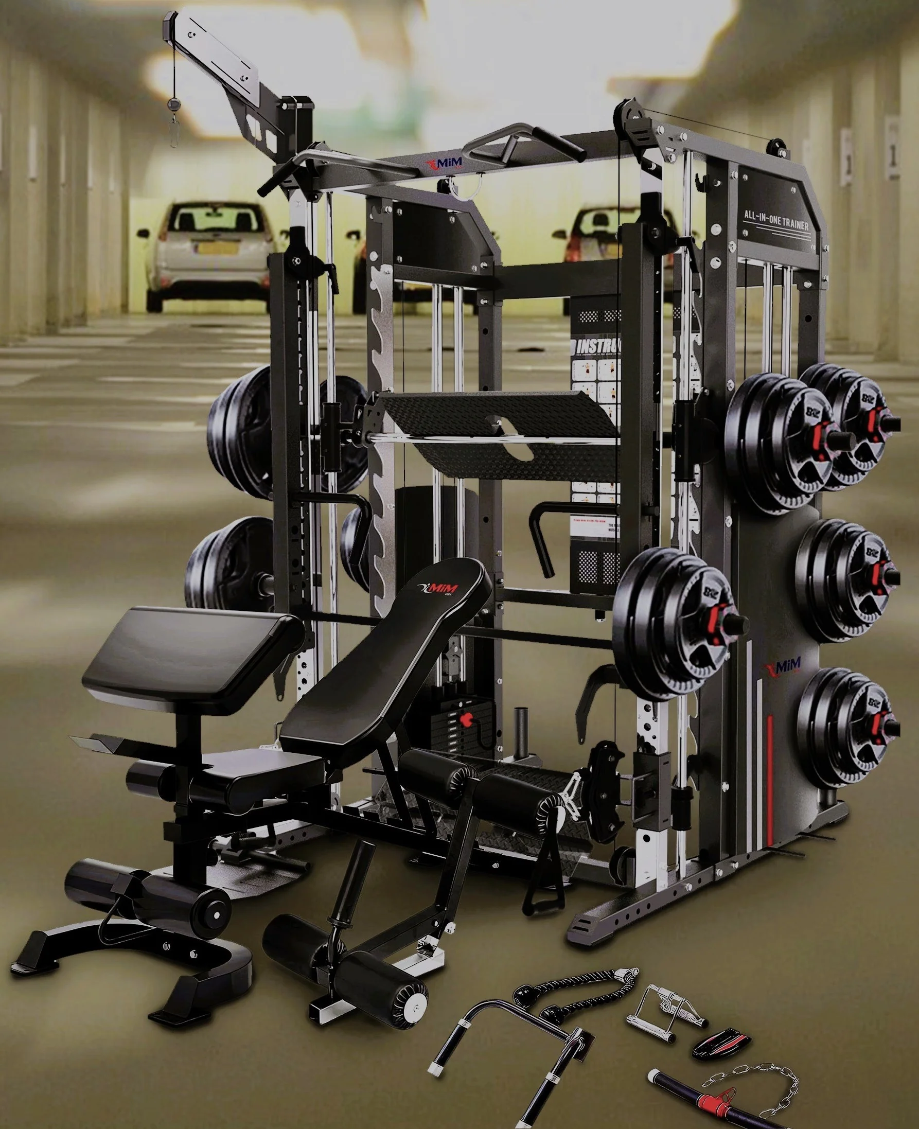 All-in-one home gym equipment with bench and weights