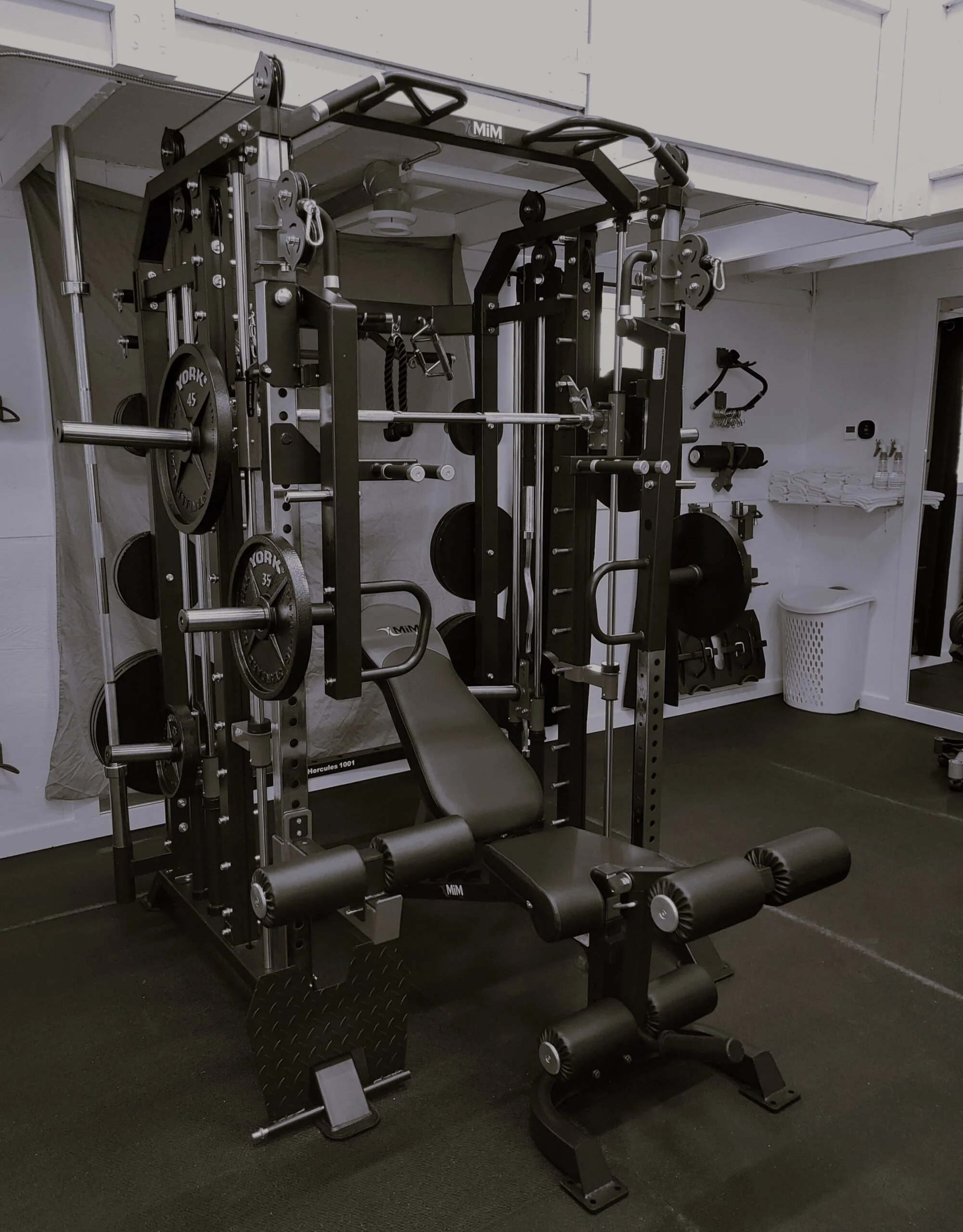 Home gym with weight machine and bench press
